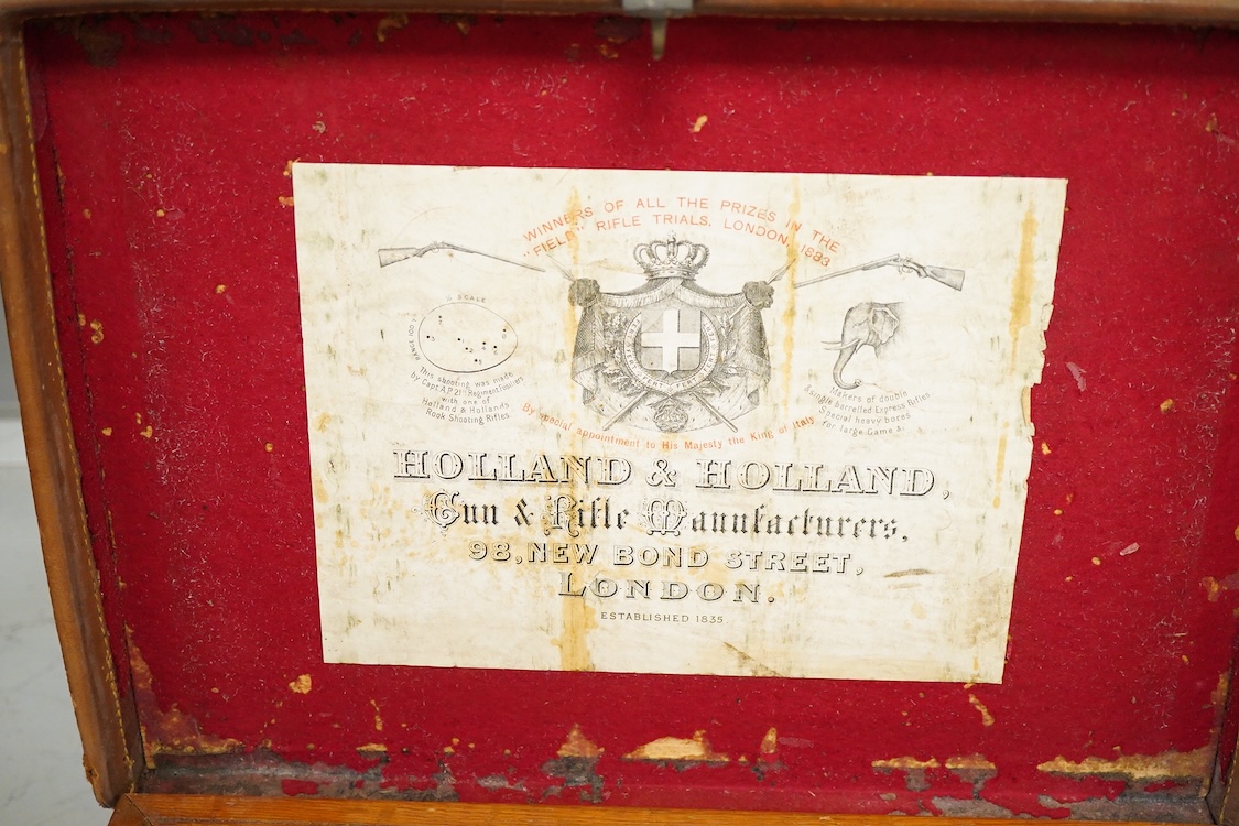 Two late 19th century brown leather magazine cases and another ‘collars’ box, largest 41cm wide